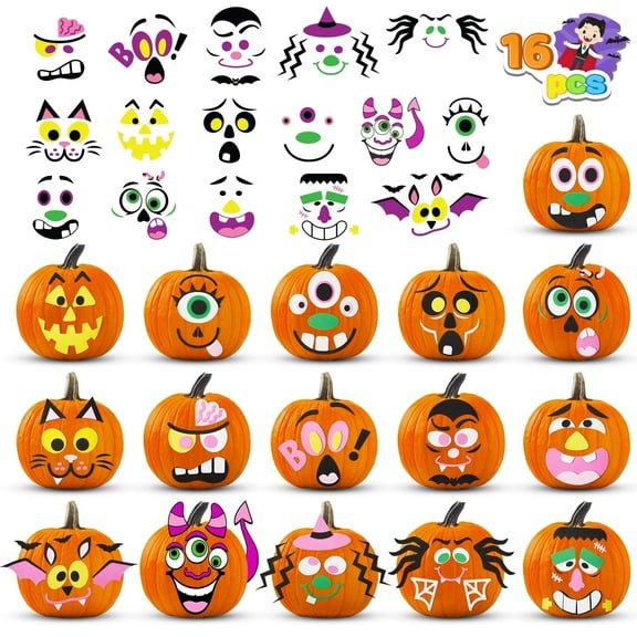 Joyfy 16 Pcs Halloween Pumpkin Decorations Kit for Kids,Foam Pumpkin Face Stickers Halloween Party Supplies Halloween Favors Pumpkin Painting Kit