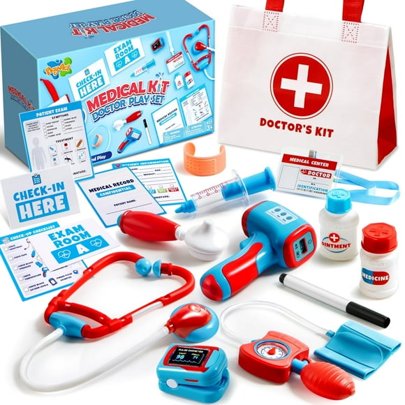 Joyfy 16-Piece Pretend Medical Kit with Bag, Kids Doctor Role Play Set, Realistic Toy Stethoscope,Reusable Record Cards,Dress Up Doctor Playset for Toddlers Ages 3+
