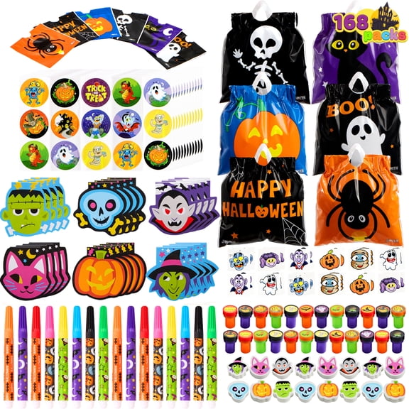 Joyfy 168 Packs Halloween Stationery Party Favors,Halloween Gifts for Kids,Halloween Goodies Including Halloween Trick or Treat Bags,Notepads,Stamps,Markers,Stickers and Tattoos