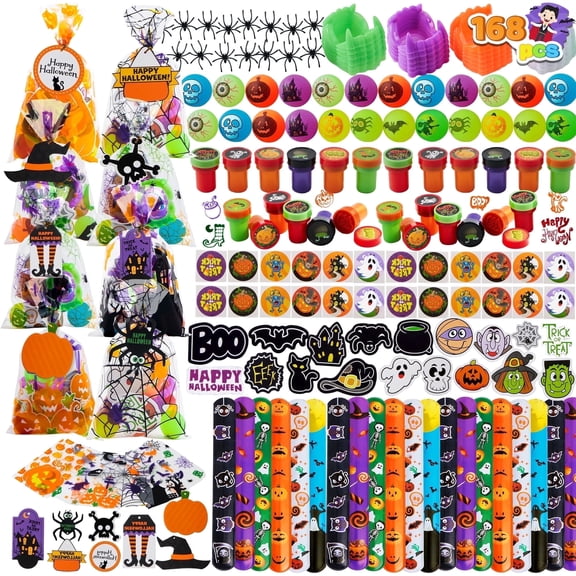 Joyfy 168 Pcs Halloween Stationery Party Favors,Halloween Gifts for Kids,Halloween Goodies Including Halloween Vampire Teeth,Spiders,Stamps,Stickers,Slap Bracelets