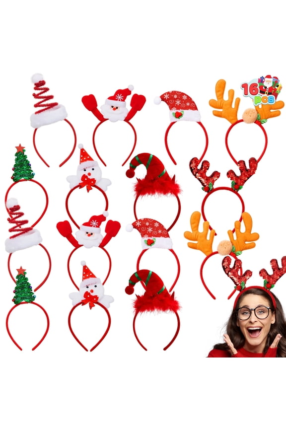 16 Pcs Christmas Headbands Assorted Design 3D Christmas Hair Accessories for Women Men, Christmas Holiday Costume Headbands Party Favors Photo Booth (One Size Fits All)