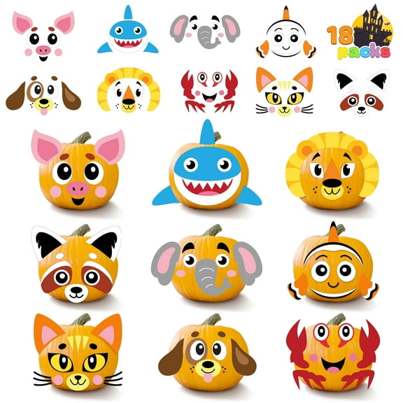 Joyfy 18 Packs Halloween Pumpkin Decorations Kit for Kids,Foam Pumpkin Face Stickers Halloween Party Supplies Halloween Favors Pumpkin Painting Kit