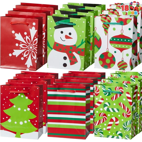 Joyfy 18 Pcs Christmas Holiday Goody Bags, 6 Assorted Christmas Designs Goodie Bags for Classrooms, Party Favors, Small Gift Bags, Kraft Bags and Christmas Craft Bags
