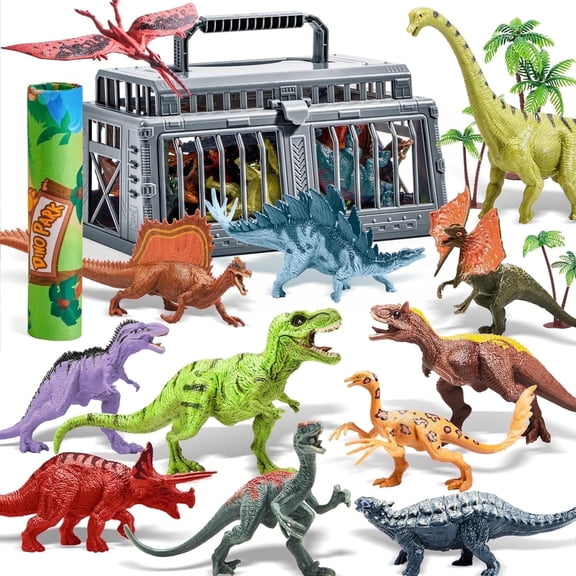 Joyfy 19 PCS Dinosaur Figures , Realistic Dinosaur Toys with Activity Play Mat & Storage Cage & Trees, Dino Playset Toys for Ages 3-5, Christmas Birthday Gift For Boys