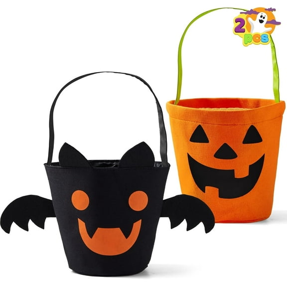 Joyfy 2 PCS Halloween Trick or Treat Bags, 6 X 9 Orange Pumpkin Candy Bucket, Black Reusable Bat Goody Tote Bucket, Portable Felt Baskets for Kids Halloween Party Favor Supplies