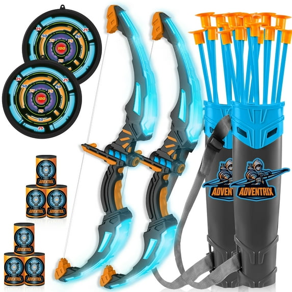 Joyfy 2 Pack Archery Set for Kids, Light Up Bow and Arrow Set with 2 Luminous Bows, 18 Suction Cups Arrows, 6 Targets and 2 Quivers