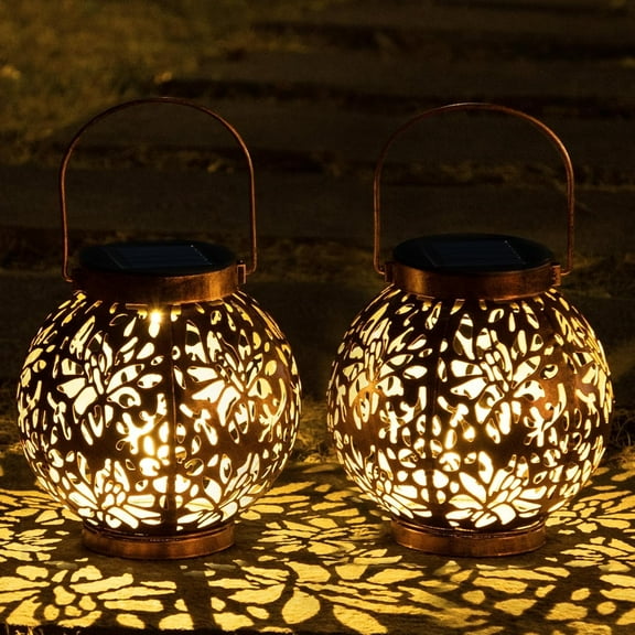 Joyfy 2 Pack Bronze Solar Outdoor Hanging Lanterns, Moroccan Lanterns, Metal Decorative Garden Lights