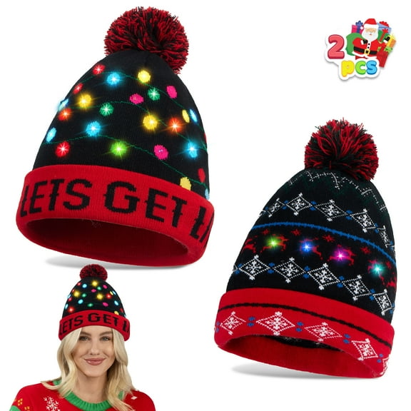 Joyfy 2 Pack LED Christmas Hat,Light Up Ugly Christmas Beanies for Adults,Mens Gifts for Christmas,Funny Hats Christmas Party Favors (Battery Included with 3 Flashing Modes)