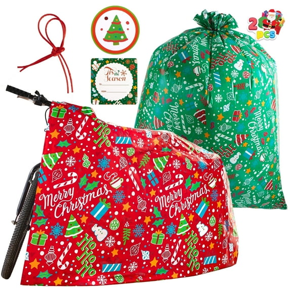 Joyfy 2 Packs Christmas Jumbo Bicycle Bags Extra Large Bags 72”x60” Red Green with Tags for Heavy Large Xmas Gifts, Bikes Presents Gifts
