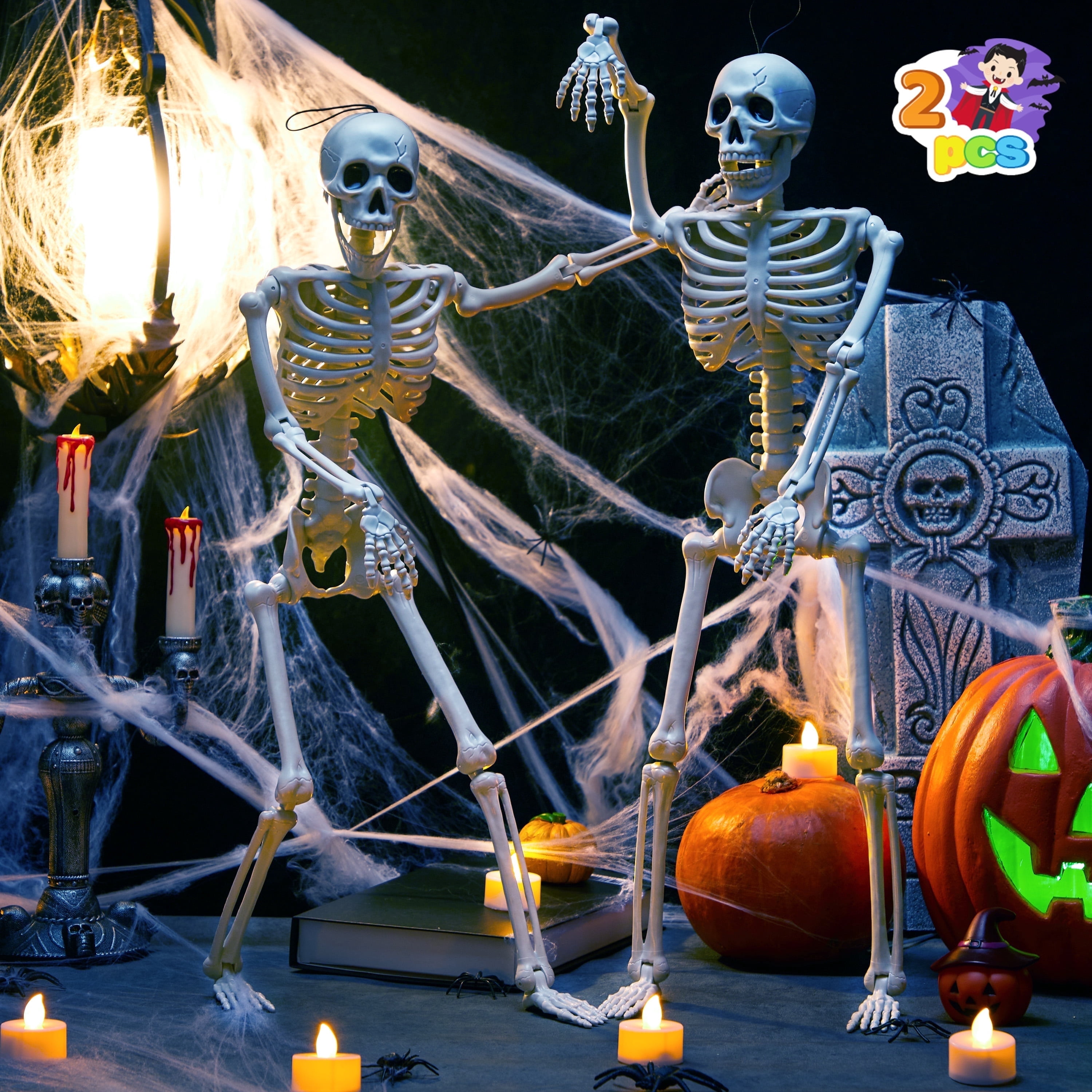 Joyfy 2 Pcs 24 Inch Halloween Skeleton Decor,2 FT Posable Skeleton