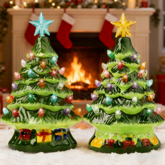 Joyfy 2 Pcs 7 Inch Ceramic Christmas Trees with Multicolored LED Lights and Star Topper, Pre-Lit Hand-Painted Ceramic Tabletop Christmas Trees