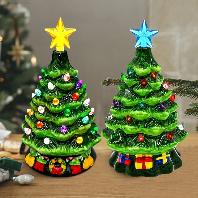Joyfy 2 Pcs 7" Small Ceramic Christmas Tree,Prelit Ceramic Christmas Tree with Lights and Top Star,Table Top Christmas Tree Decorations,Holiday Tree
