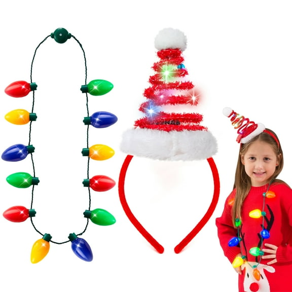 Joyfy 2 Pcs Christmas LED Light up Necklace and Santa Hat Headband, 9 Bulbs LED Holiday Costume Accessories for Christmas Party Favor Party Supplies