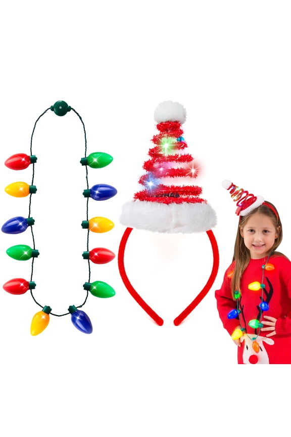 2 Pcs Christmas LED Light up Necklace and Santa Hat Headband, 9 Bulbs LED Holiday Costume Accessories for Christmas Party Favor Party Supplies