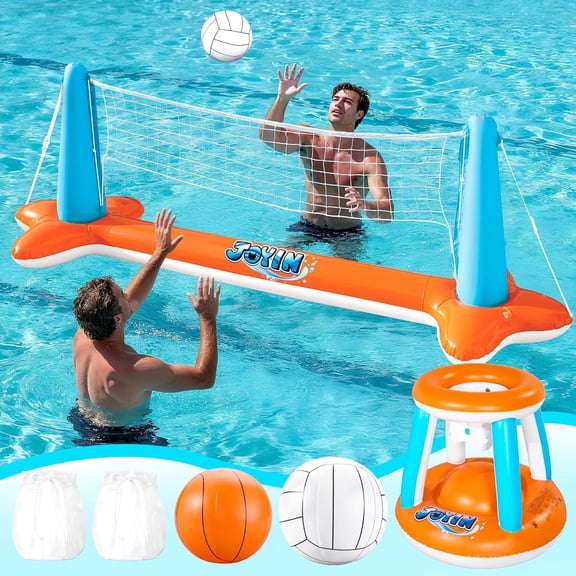 Joyfy 2-in-1 Inflatable Pool Toys Set with Pool Volleyball & Pool Basketball Hoop, Summer Pool Game for Kids and Pool Floats Adults, Volleyball Court (105”x28”x38”)|Basketball (27.6”x23”),L-Orange