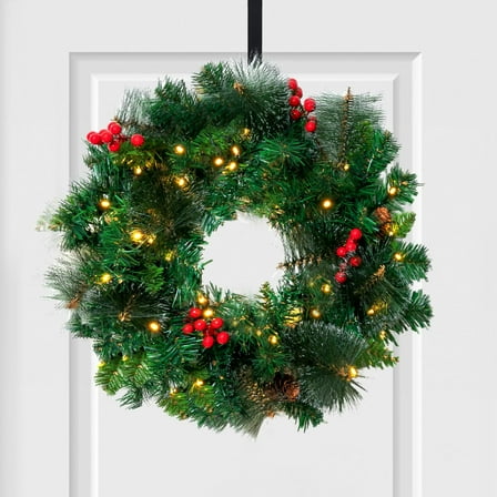 Joyfy 20” Christmas Wreath Prelit with 15” Hanger and LED Lights, Red Berries, Pine Cones Glitter Pine Needles for Front Door Decoration and Indoor Outdoor Christmas Decorations