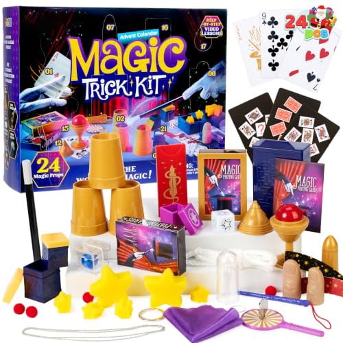 Joyfy 2026 Christmas Advent Calendar Magic Trick,24-Day Close-Up Kit with Sponge Balls Linking Rings, Card Tricks Coin Vanish Fun Christmas Countdown Gift for Kids