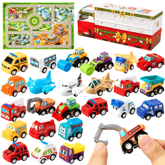Joyfy 2026 Christmas Advent Calendar Pull‑Back City Car, 24‑Day Racing Vehicle Playset with Carrier Truck Shaped Box World Map Play Mat, Xmas Holiday Party Favor Gift for Kids Boys