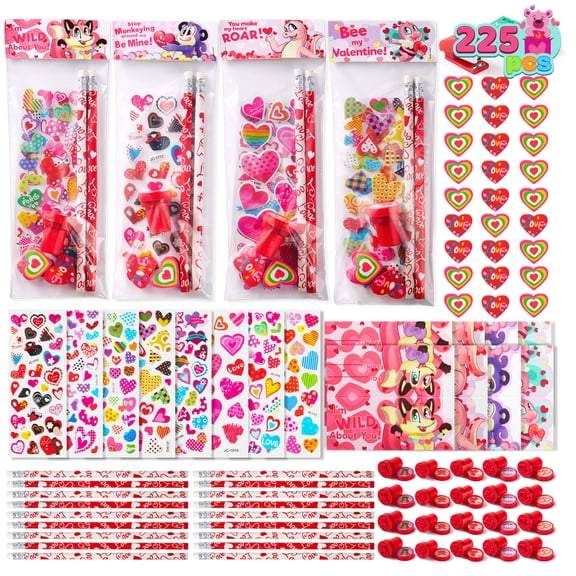 Joyfy 225 Pcs Valentines Gifts for Kids, Valentines Goodie Bag Stuffers, Valentines Cards for Kids Classroom Exchange, Assorted Stationery Set for Valentines Party Favors Supplies