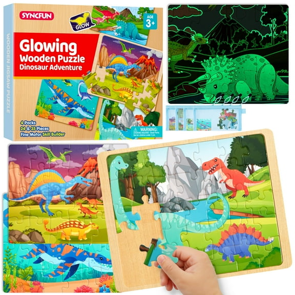 Joyfy 4-in-1 Dinosaur Wooden Puzzles for Kids Ages 3-8, 24 & 35 Pcs Glow in The Dark Jigsaw Puzzles for Toddlers 2-4, Preschool Educational Learning Toys, Dinosaur Toy Gifts for Boys Girls