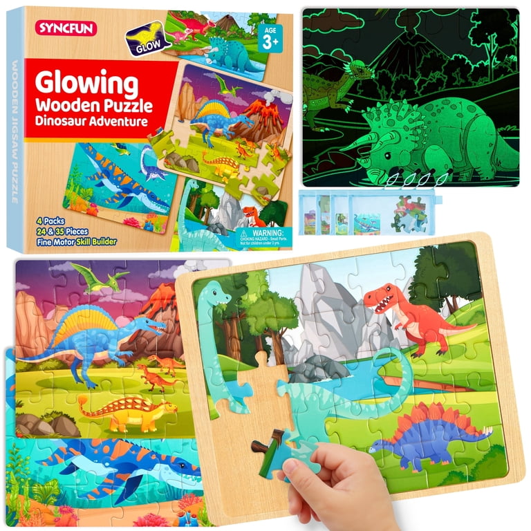 Joyfy, 4-in-1 Dinosaur Wooden Puzzles, Glow in The Dark
