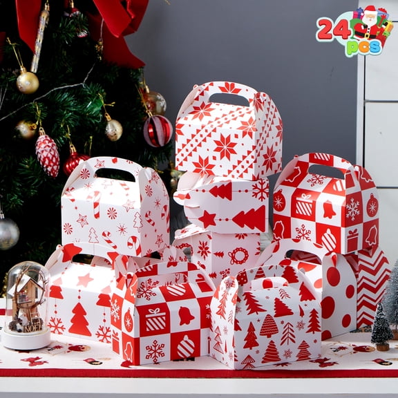 Joyfy 24 PCS 3D Christmas Cookie Boxes for Gift Giving, Xmas Treat Candy Boxes, Goodie Bakery Paper Box for Holiday Goody Desserts Presents Wrapping, School Classroom Birthday Party Favor Supplies