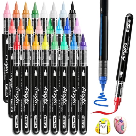Joyfy 24 PCS Acrylic Paint Markers, Brush Tip Direct Liquid Markers with Constant Flow Technology, Waterproof Paint, Fabric, Canvas, Rock, Wood, Glass, Birthday Valentine Easter Gifts for Kids