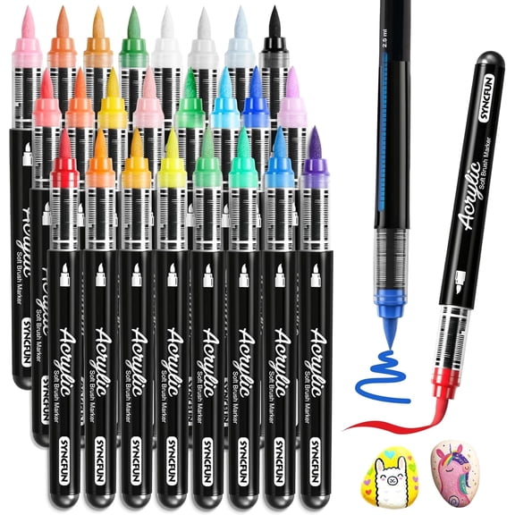 Joyfy 24 PCS Acrylic Paint Markers, Brush Tip Direct Liquid Markers with Constant Flow Technology, Waterproof Paint, Fabric, Canvas, Rock, Wood, Glass, Birthday Valentine Easter Gifts for Kids