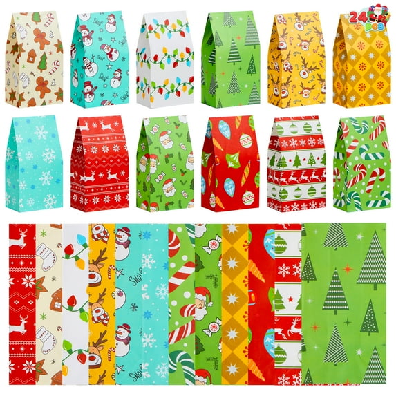 Joyfy 24 Pcs Christmas Holiday Gift Bags, 12 Assorted Christmas Designs Goodie Bags for Classrooms, Party Favors, Small Gift Bags, Kraft Bags and Christmas Craft Bags