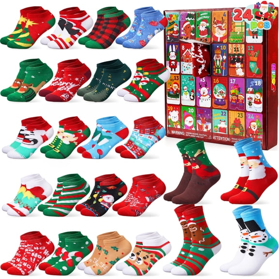 Joyfy 2026 Christmas Advent Calendar Socks Set, 24 Days Cozy Cotton Sock Countdown with 20 Low Cut and 4 Knee High Socks for Adults Holiday Party Favors and Xmas Gifts