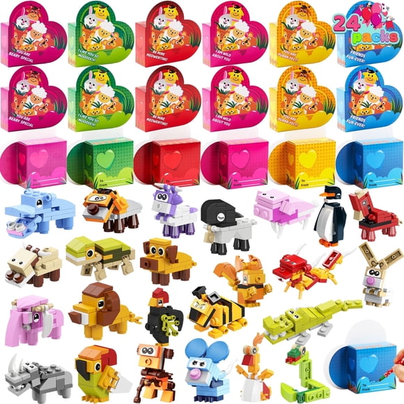 Joyfy 24 Packs Valentines Day Cards With Animals Building Blocks for Kids, Building count Blocks with Heart Shaped Boxes, Valentines School Class Exchange Card Gifts Boys Girls, Award Party Favors