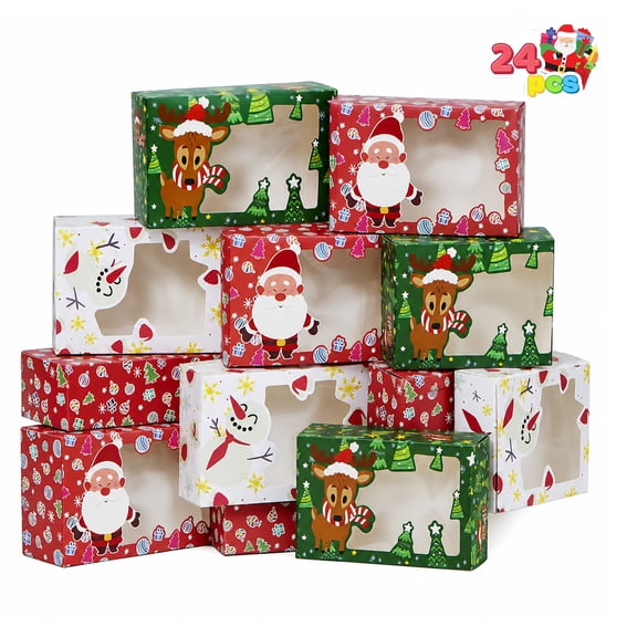 Joyfy 24 Pcs Christmas Cookie Boxes for Gift Giving, Foil Cookie Tins Holiday Treat Boxes with Window, Xmas Bakery Boxes for Pastries, Cupcakes, Cookies, Brownies, Donuts Gift Giving