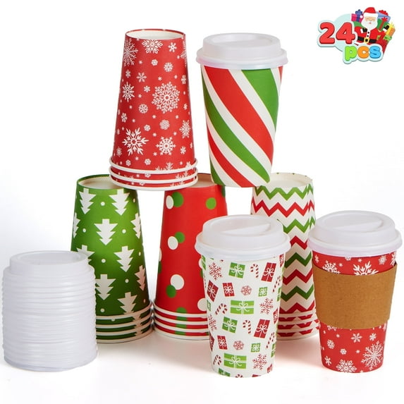 Joyfy 24 Pcs Christmas Disposable Paper Cups, 16 oz Xmas Dinnerware Cups With Cup Sleeves and Lids, 6 Designs Hot/Cold Beverages Tableware for Holiday Party Supplies