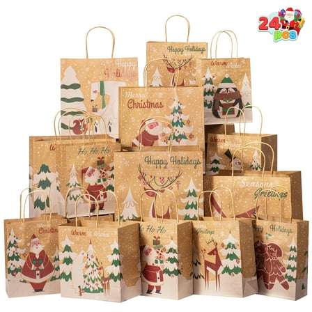 Joyfy 24 Pcs Christmas Kraft Paper Bags Treat Candy Bags 3 Assorted Sizes with Handle for Xmas Party Supplies, Wrapping Christmas Holiday Presents