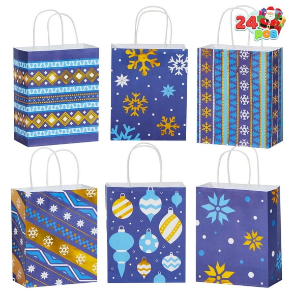 Joyfy 24 Pcs Christmas Kraft Gift Bags with Handle for Holiday Paper Gift Bags, Christmas Goody Bags, Xmas Gift Bags, School Classrooms Party Favors Supplies