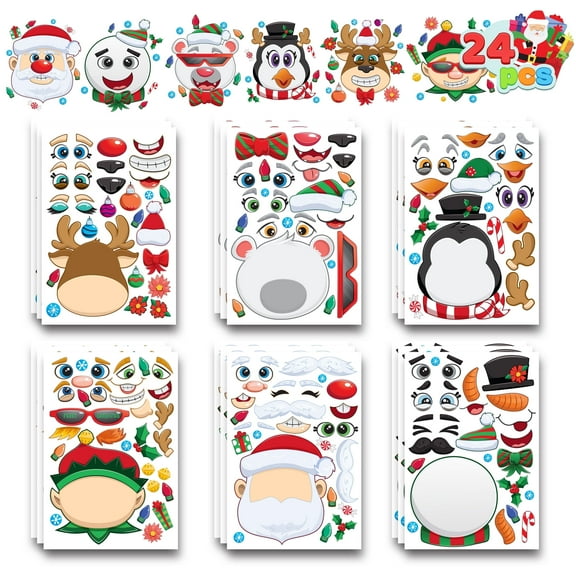 Joyfy 24 Pcs Christmas Make-a-Face Sticker Sheets for Kids, Make Your Own Christmas Elf, Santa, Snowman, Penguin and Polar Bear for Kids Party Favors Craft Kits