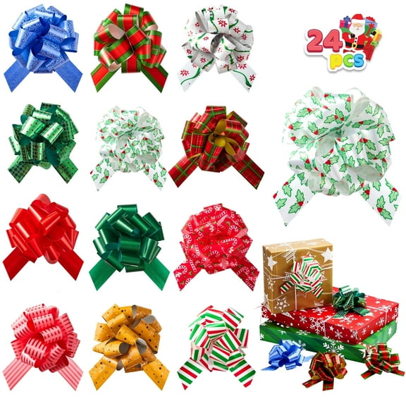 Joyfy 24 Pcs Christmas Pull Bows Present Wrap Ribbon(4.7" Wide), Easy and Fast Gift Wrapping Accessory for presents, Bows, Baskets, Wine Bottles Decoration, Gift Wrapping and Decoration Present