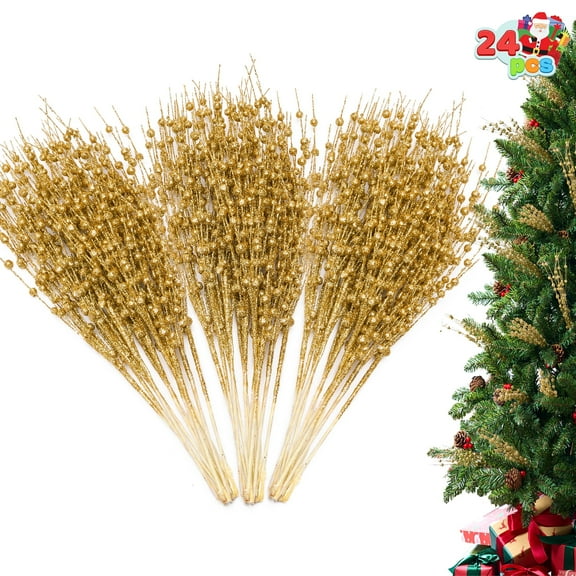 Joyfy 24 Pcs Christmas Tree Berry Stem, 20 Inches Decorative Bead Sticks, Glittery Twigs, Picks, Branches for Christmas Tree, Small Vase, Holiday, Wedding, Party (Gold)