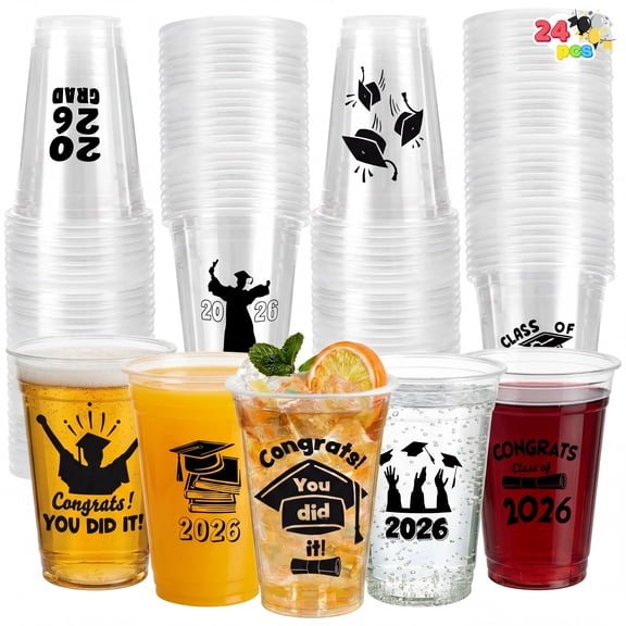 Joyfy 24 Pcs Graduation Party Plastic Cups (Black), 16OZ 24 Designs Graduation Cups Class of 2026, Disposable Tableware Set for School Grad Party Favors Supplies