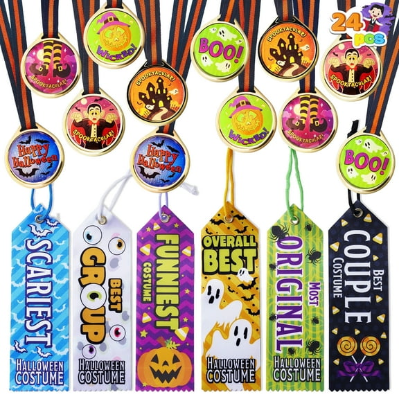 Joyfy 24 Pcs Halloween Carnival Prizes,Halloween Medal Trophies and Trophy Ribbons Games,Best Costume Trophy Halloween for Adults Kids,Halloween Prizes Bulk,Carnival Party Favors