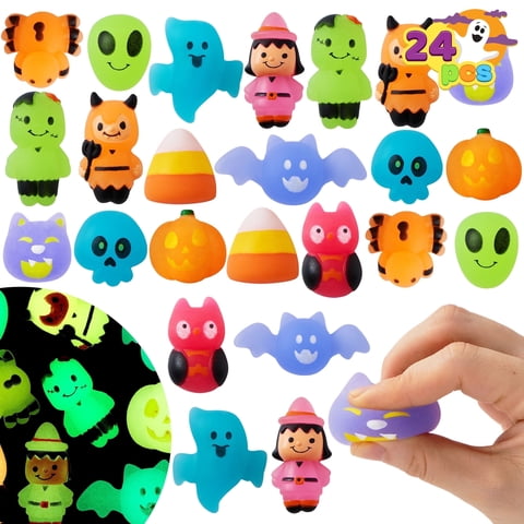 Joyfy 24 Pcs Halloween Mochi Squishy Toys,Glow in The Dark Squishy Toys for Kids,Halloween Classroom Favors Prizes Party Favors,Claw Machine Filler for Kids,Stress Relief Toys