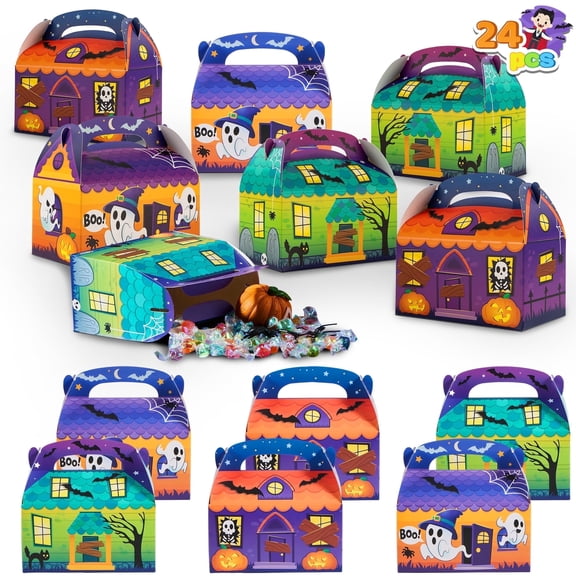 Joyfy 24 Pcs Halloween Treat Bags & Boxes, Cardboard Paper Treat Boxes with Carry Handles, Goodie Bags (6"x6"x3.5"), Trick or Treat for Kids, Halloween Party Favors for Kids