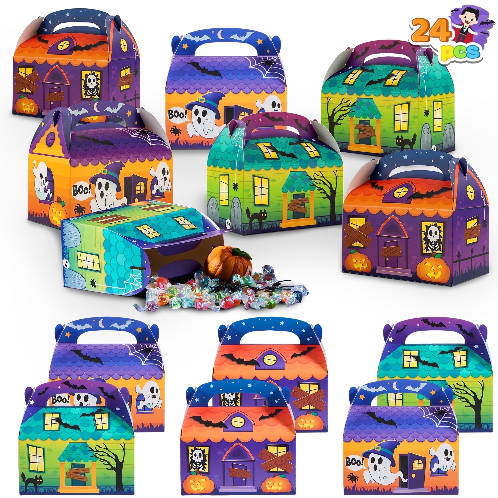 Joyfy, Halloween Treat Boxes, 24 Pack, 6x6x3.5 inches with Handles