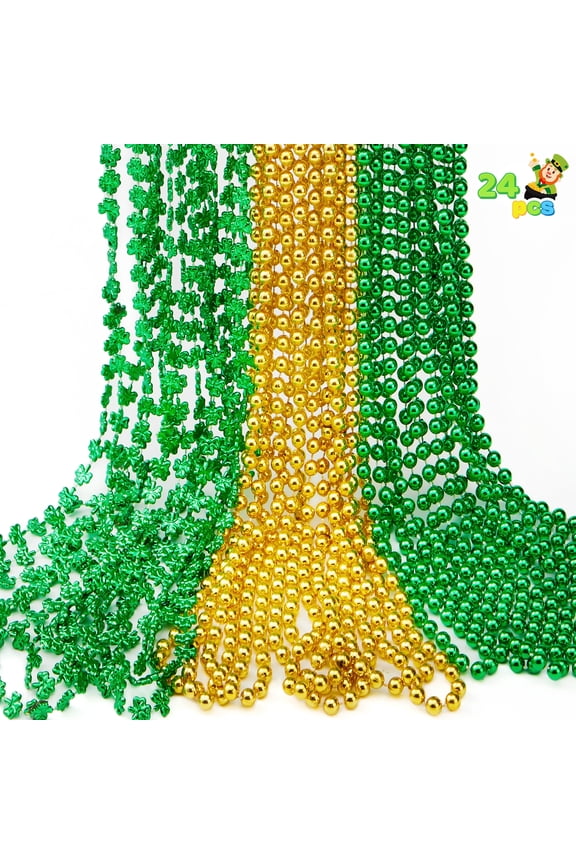 24 Pcs St. Patricks Day Necklace Set, 8 Green and 8 Gold Bead Necklaces and 8 Green Shamrock Bead Necklaces, Irish Party Favor Supplies Decorations