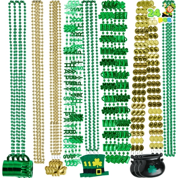 Joyfy 24 Pcs St. Patrick's Day Necklaces Set with Shamrock, Beer Mug, Hat, Pot, Gold Coin Elements, Green Plastic Bead Necklace Jewelry for St. Patricks Party Decorations Dress Up Accessories Costume