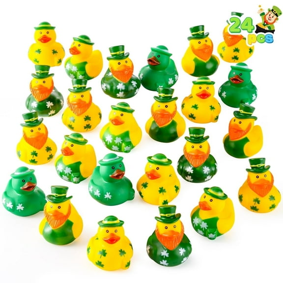Joyfy 24 Pcs St. Patrick's Day Rubber Ducks, Lucky Ducks with St. Patrick's Day Green Rubber Duck Hats and Clover Shamrock Patterns, Party Favors & Decorations