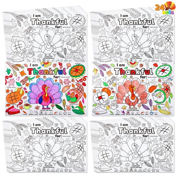 Joyfy 24 Pcs Thanksgiving Coloring Placemats, Thanksgiving Turkey Coloring Paper Table Mats, Thanksgiving Make Your Own Art & Craft Kit for Kids School Activities Party Decoration(No pigment)