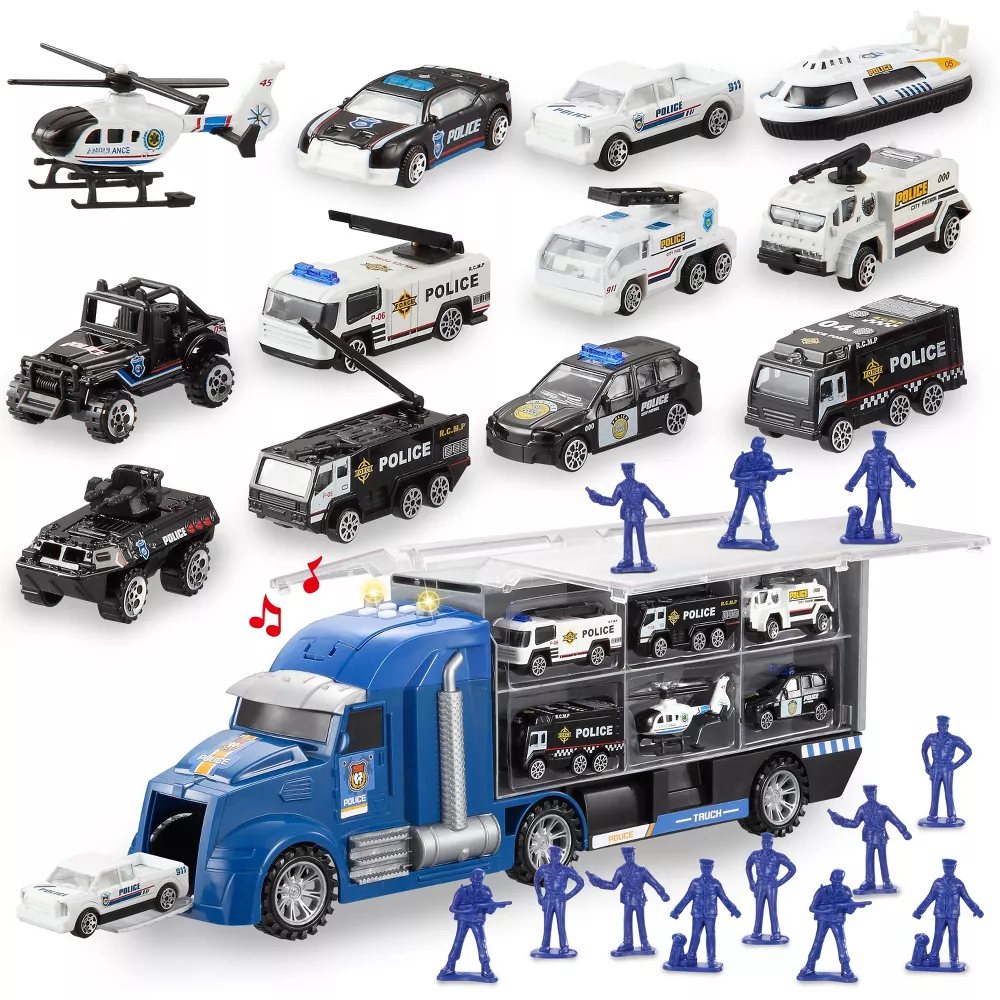 Joyfy 25 in 1 Die-cast Police Rescue Big Truck Toys, Car Transporter Storage Truck with Sounds and Lights, Christmas Birthday Gifts for Toddlers Kids Boys & Girls