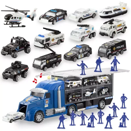 Joyfy 25 in 1 Die-cast Police Rescue Big Truck Toys, Car Transporter Storage Truck with Sounds and Lights, Christmas Birthday Gifts for Toddlers Kids Boys & Girls