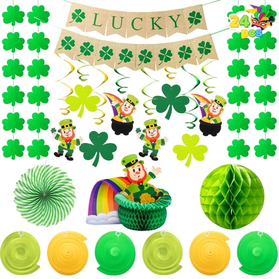 Joyfy 25 Pcs St. Patrick's Day Decorations, 2 Pcs 7FT Banners, 6 Hanging Swirls, 4 Strings, 2 Paper Fans, 2 Tissue Honeycomb balls, 8 Paper Cutouts, 1 Centerpiece for Party Favors Accessories